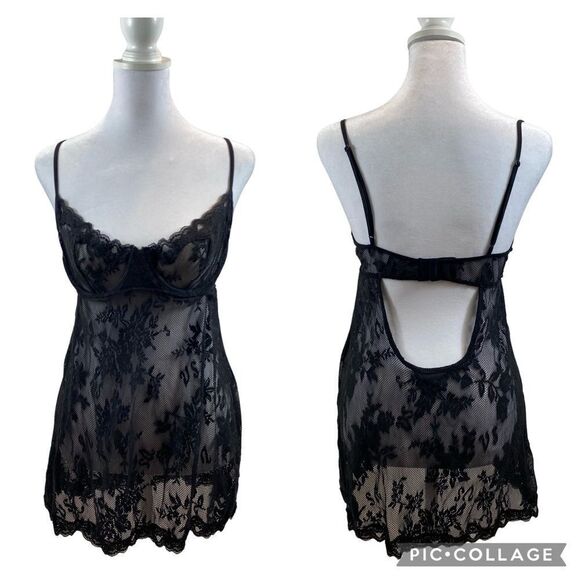 Victorias Secret Black Sheer Floral Lace Lingerie Nightgown Size 36C - Picture 1 of 9